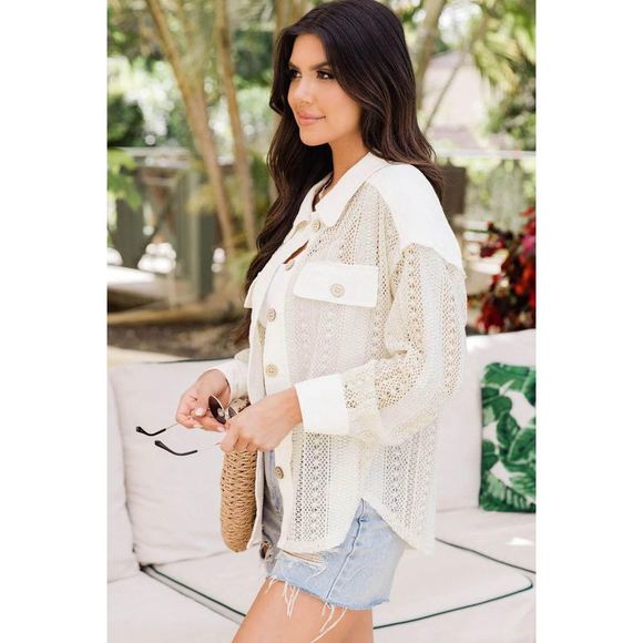 Azura Exchange  Beige Lace See-through Button Collared Shacket - Picture 3 of 15